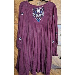 Free People Burgundy Extra Small Oversized Smocked Embroidered Long Sleeve Shirt